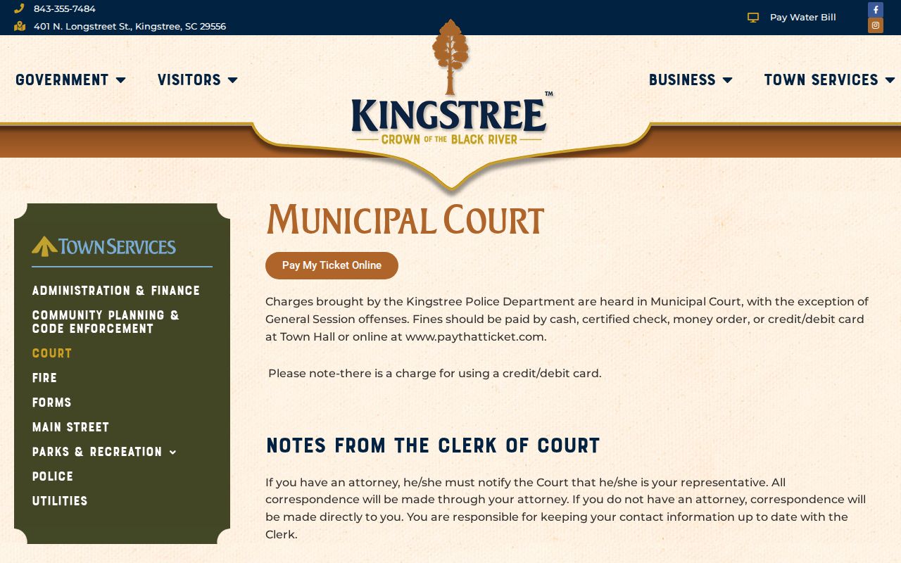 Kingstree warrant records: Municipal Court schedule and payment route