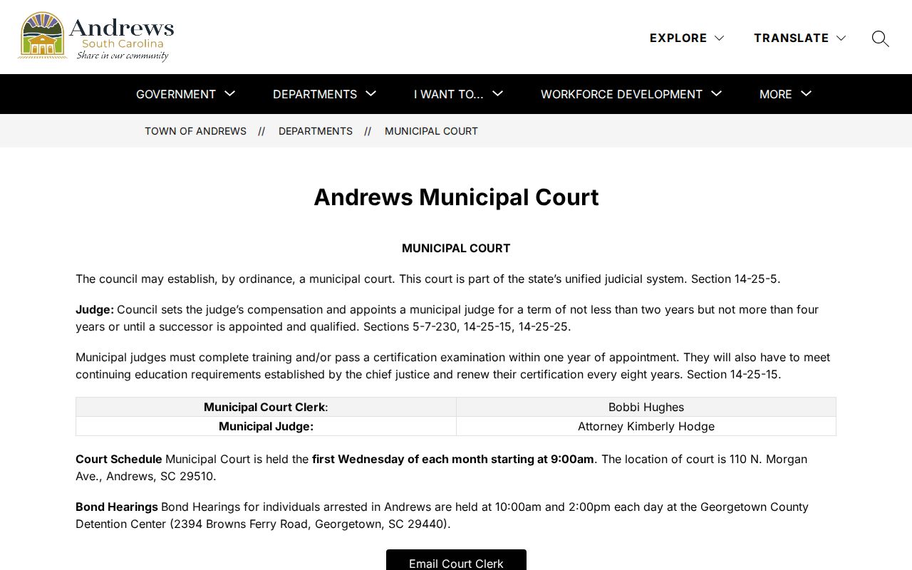 Andrews warrant records: official Andrews Municipal Court contact page