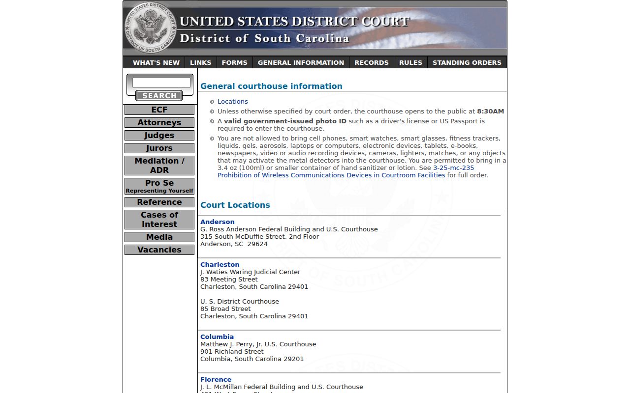 Williamsburg County arrest warrant records: federal courthouse serving the District of South Carolina