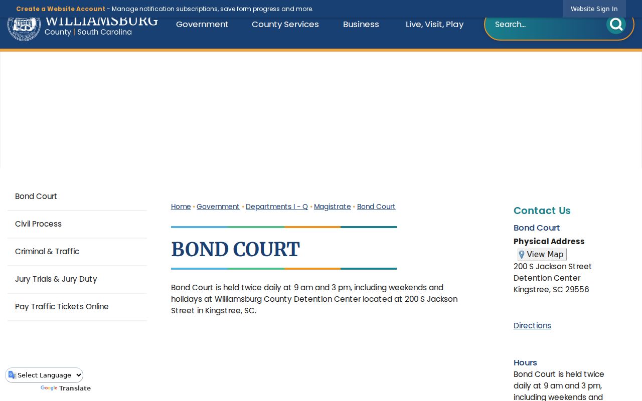 Williamsburg County warrant records: Bond Court schedule at the detention center