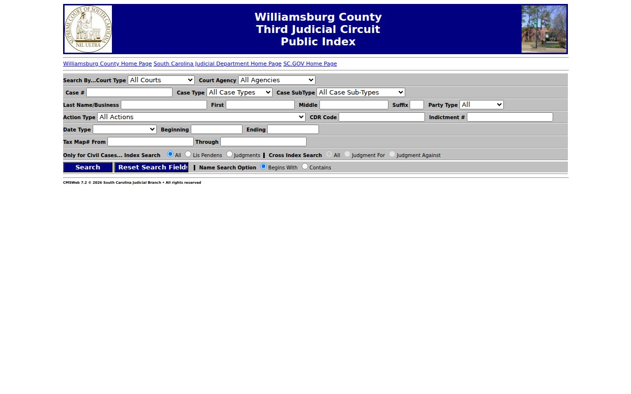 Williamsburg County warrant records: official Public Index case-search screen