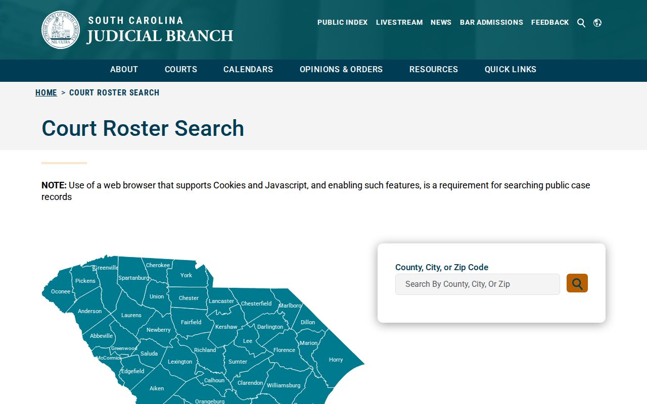 Williamsburg County warrant records: statewide court-roster search used to find a court